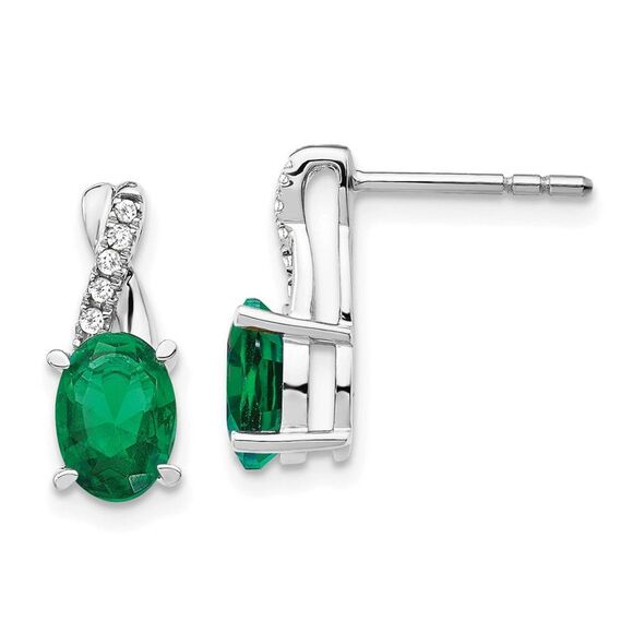 14k White Gold Created Emerald & Diamond Earrings